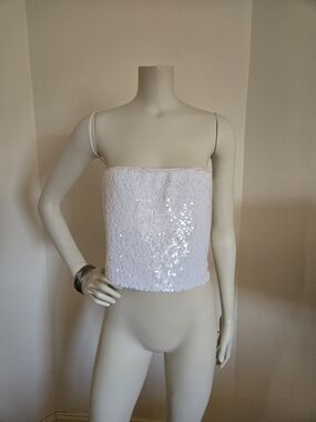 Brand New With Tags Tory Burch White Sequin Strapless Crop Top